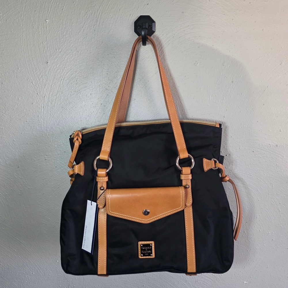 NWT Dooney & Bourke Black Nylon Tote with Tan Leather Trim and Front Pocket